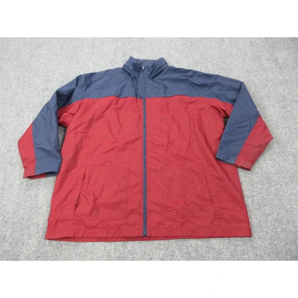 Vintage Nike Jacket‎ Mens 2XL Red Navy Full Zip Hooded Windbreaker Colorblock